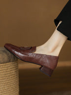 Women's Brown Square Toe Square Heel Slip-On Flat Loafers, Spring and Autumn