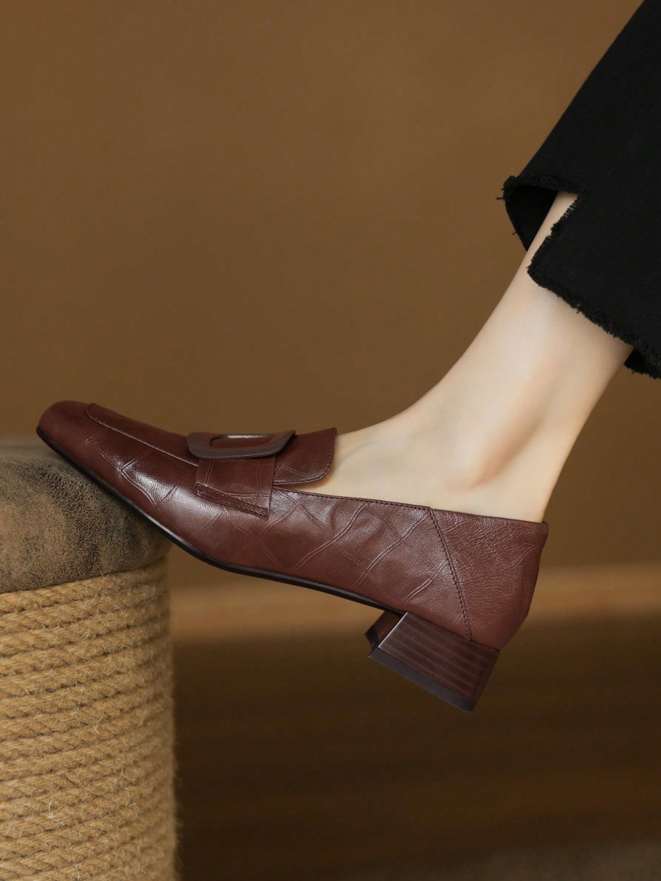 Women's Brown Square Toe Square Heel Slip-On Flat Loafers, Spring and Autumn